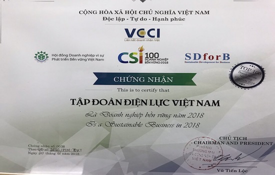 TCBC EVN: EVN được công nhận “Doanh nghiệp bền vững tại Việt Nam năm 2018”